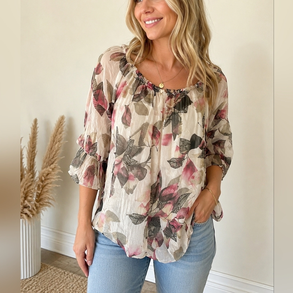 Luisa Ricci Collection 100% Silk Floral Peasant Blouse Lined Boho Top Size L
